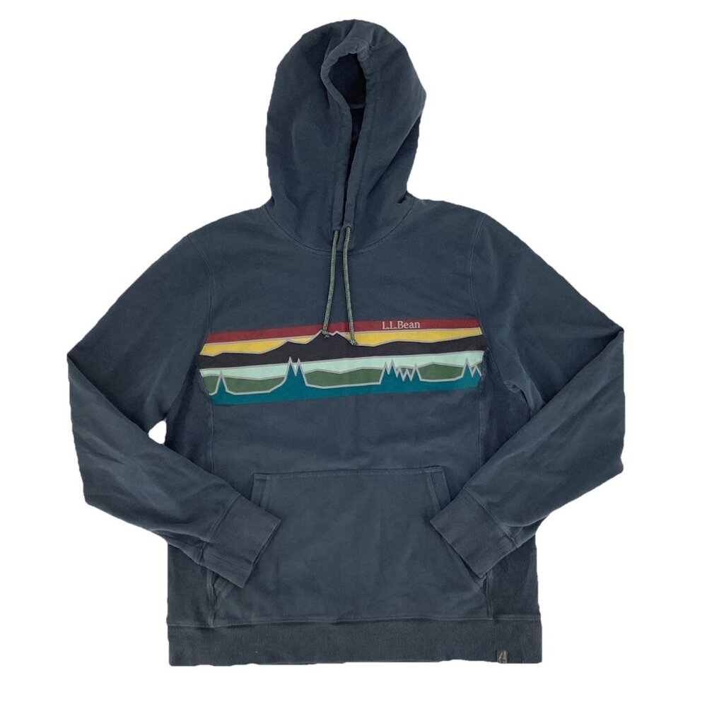 LL Bean Hoodie Mens Slightly Fitted Mountain Graphic Pullover Sweater Blue Sz M